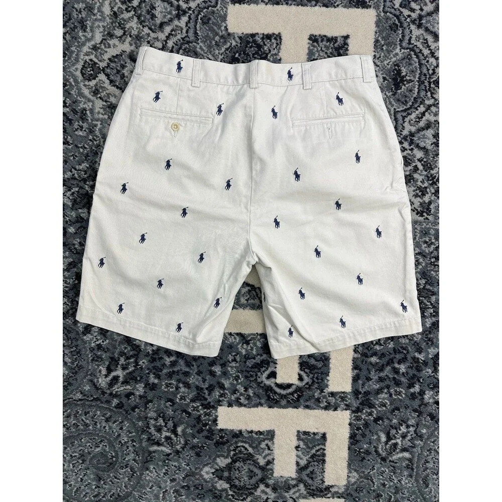 VTG Ralph Lauren Prospect Short Men White Sz 34 All Over Blue Pony Logo Print